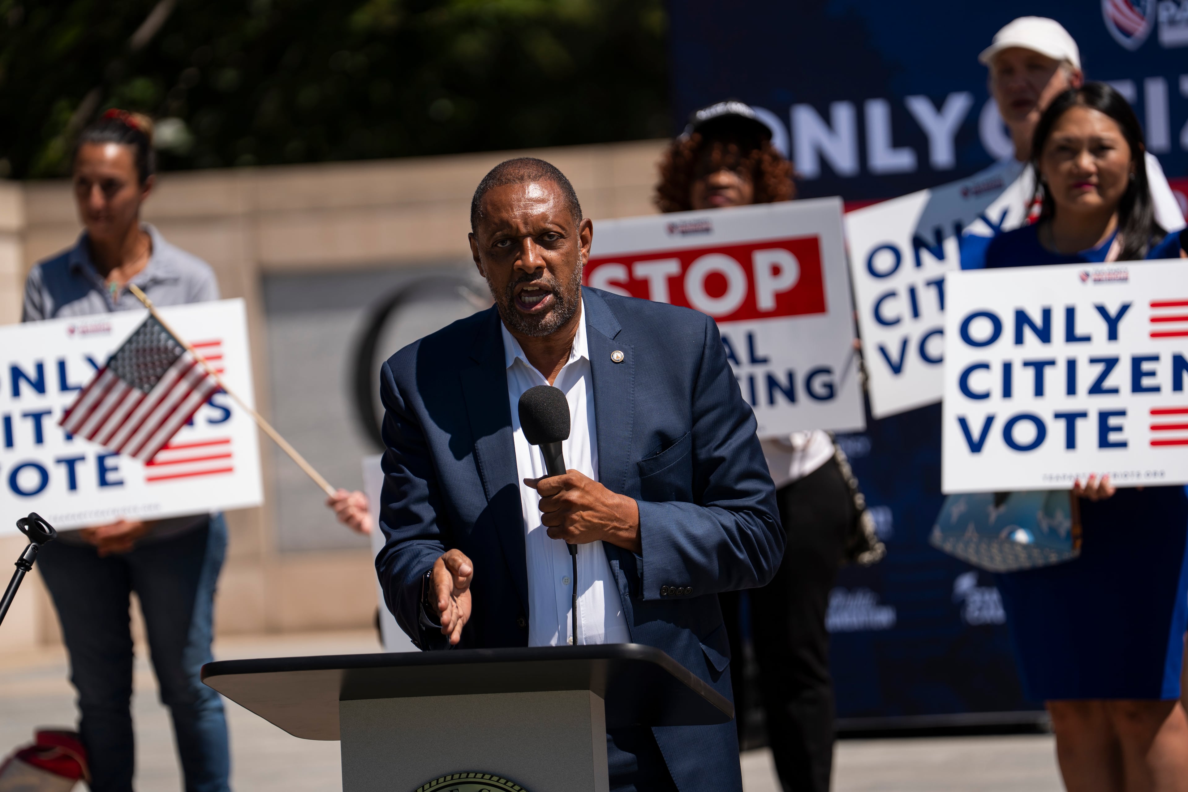 Former state Rep. Vernon Jones (seen here) also has criticized Gabriel Sterling, accusing his competitor of “demonizing” President Donald Trump. (Olivia Bowdoin for the AJC)