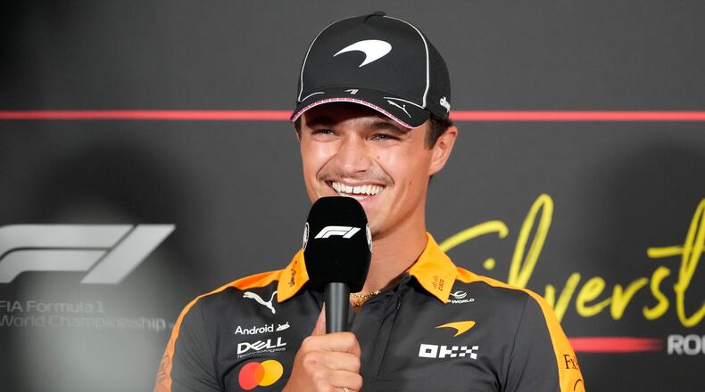 McLaren driver Lando Norris of Britain attends a news conference ahead of the British F1 Grand Prix, in Silverstone, England, Thursday, July 2, 2026. (AP Photo/Darko Bandic)