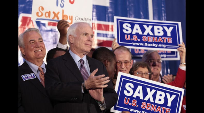 U.S. Sen. John McCain, R-Ariz., attends a campaign rally for then-U.S. Sen. Saxby Chambliss, R-Ga., on Nov. 13, 2008, in Atlanta. (Photo by Dave Martin/Getty Images)