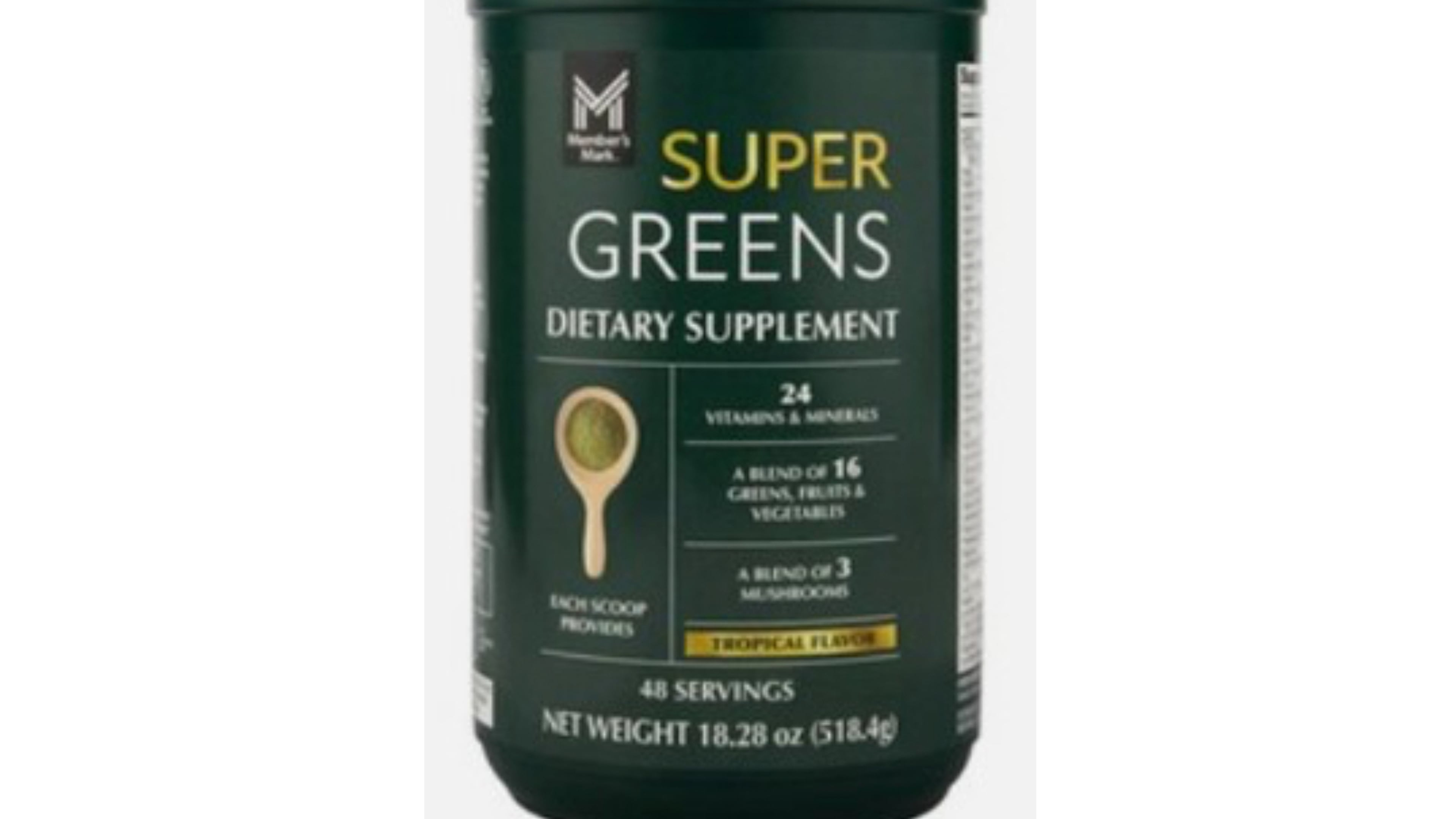 This image provided by the U.S. Food and Drug Administration on Friday, Oct. 31, 2025, shows packaging for the Member's Mark Super Greens Powder Supplement sold at Sam's Club stores. (FDA via AP)