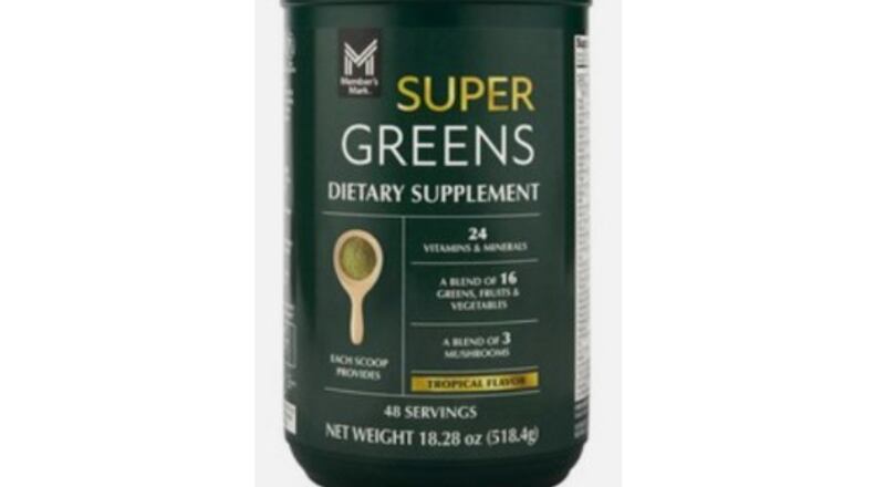 This image provided by the U.S. Food and Drug Administration on Friday, Oct. 31, 2025, shows packaging for the Member's Mark Super Greens Powder Supplement sold at Sam's Club stores. (FDA via AP)