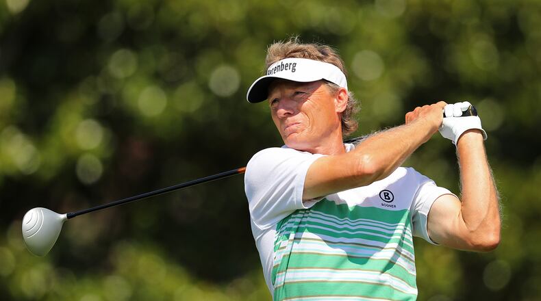 Bernhard Langer tees off on the par-5 tenth hole with a driver during the pro-am for the Mitsubishi Electric Classic at TPC Sugarloaf on Thursday in Duluth. Curtis Compton/ccompton@ajc.com