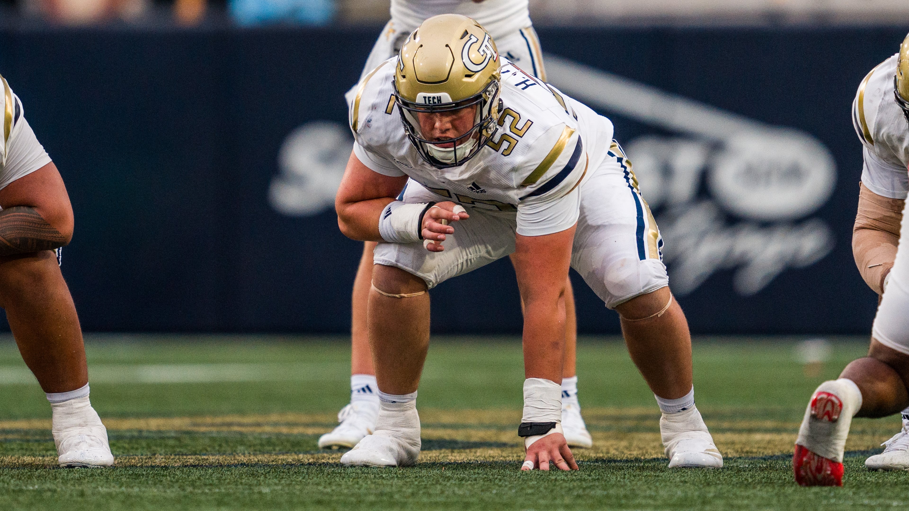 Georgia Tech offensive lineman Harrison Moore in action against Virginia Military Institute on Sept. 14, 2024, at Bobby Dodd Stadium in Atlanta. (Danny Karnik/Georgia Tech Athletics)