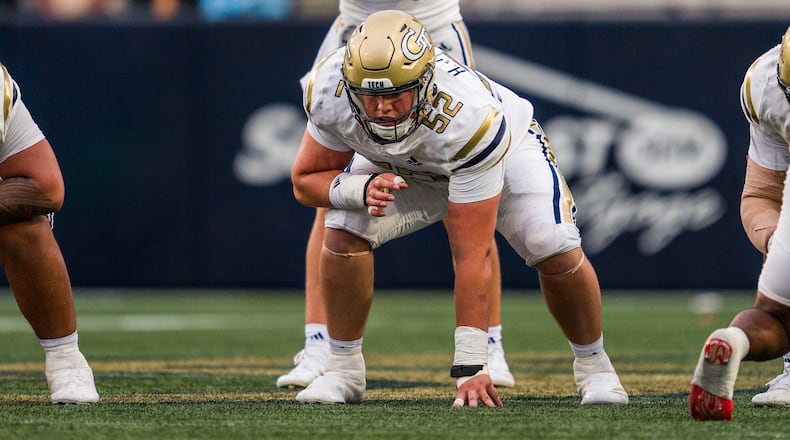 Georgia Tech freshman offensive lineman Harrison Moore in action against Virginia Military Institute on Sept. 14, 2024 at Bobby Dodd Stadium in Atlanta. (Photo by Danny Karnik/Georgia Tech Athletics)