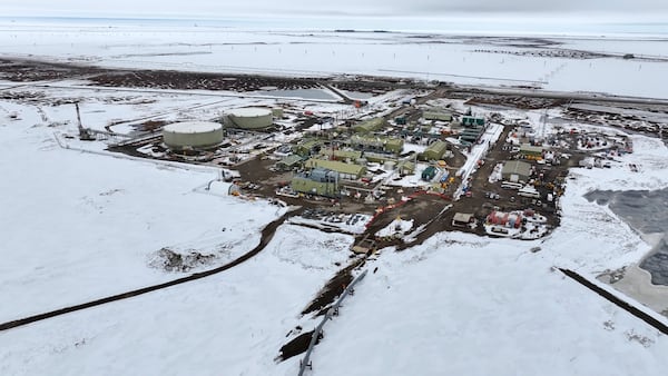 Pump Station 1 is seen on Monday, June 2, 2025, located near Deadhorse, Alaska, on the state's prodigious North Slope, with the start of the Trans-Alaska Pipeline at bottom center. (AP Photo/Jenny Kane)