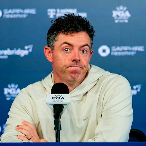 Rory McIlroy, of Northern Ireland, speaks to the media prior to a PGA Championship golf tournament practice round at Aronimink Golf Club, Tuesday, May 12, 2026, in Newtown Square, PA. (AP Photo/Carolyn Kaster)
