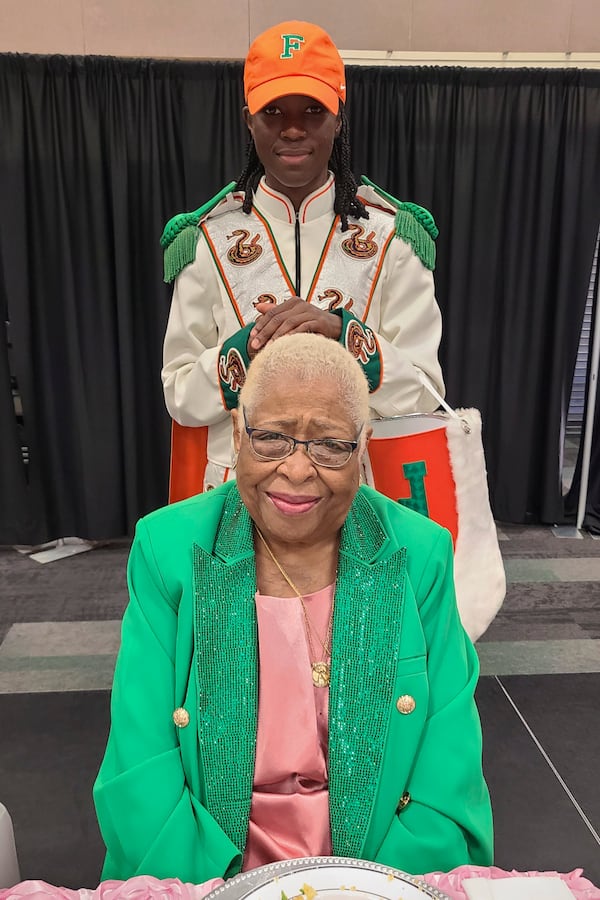 In 1951, Norma Solomon White became the first woman to play with FAMU’s band. This year, Oluwamodupe “Dupe” Oloyede became the Marching 100’s first female head drum major. The two trailblazers were able to connect during homecoming festivities. (Courtesy of Eurydice Stanley)