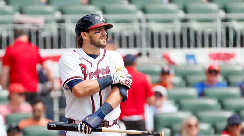 Atlanta second baseman Austin Riley adjusts his elbow path during the second inning against the Athletics at Truist Park on Wednesday, April 1, 2026, in Atlanta. (Miguel Martinez/AJC)