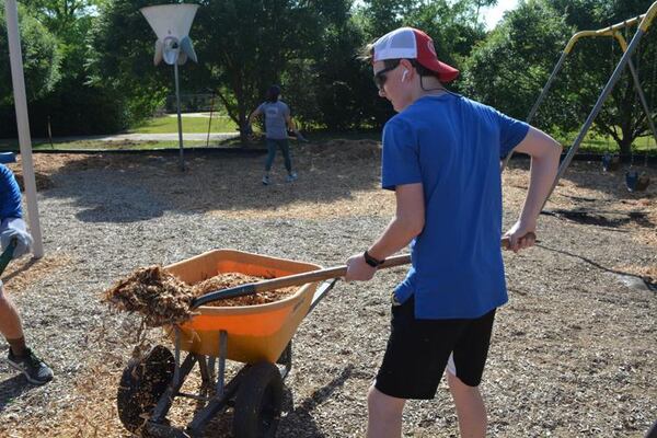 Volunteers helped work on Grant Johnson's Eagle Scout project at St. Teresa's School in Albany. (Courtesy of Carlton Fletcher)