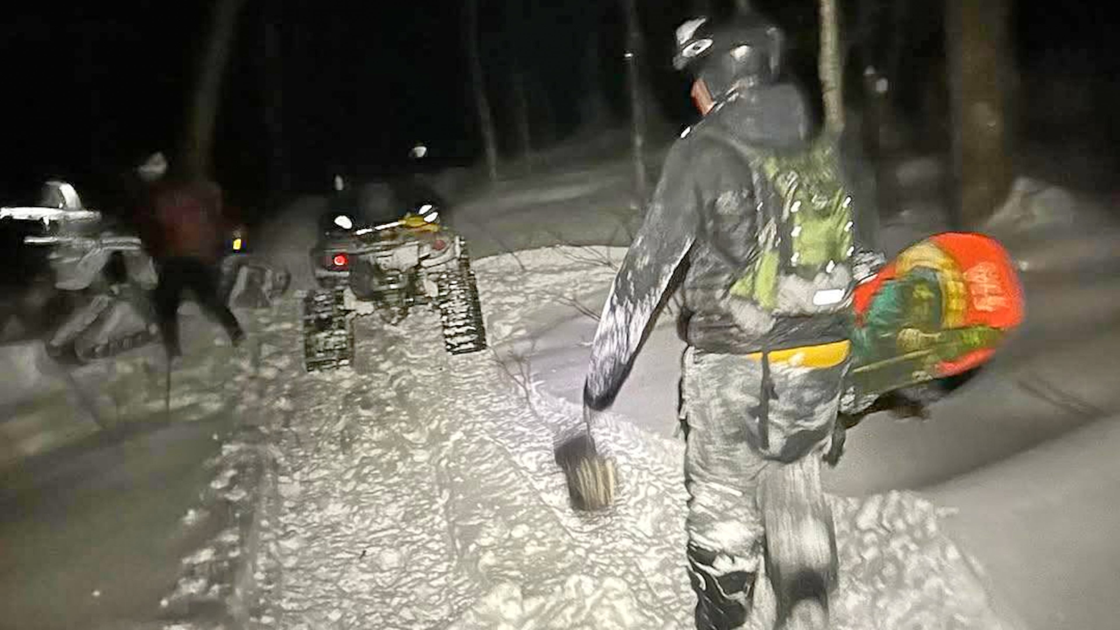 In this photo released by the Stowe Mountain Rescue, Stowe Mountain Rescue responses to a 911 call from a lost skier and snowboarder in the backcountry outside Stowe Mountain Resort on Nov. 29, 2025 in Stowe, Vt. (Stowe Mountain Rescue via AP)