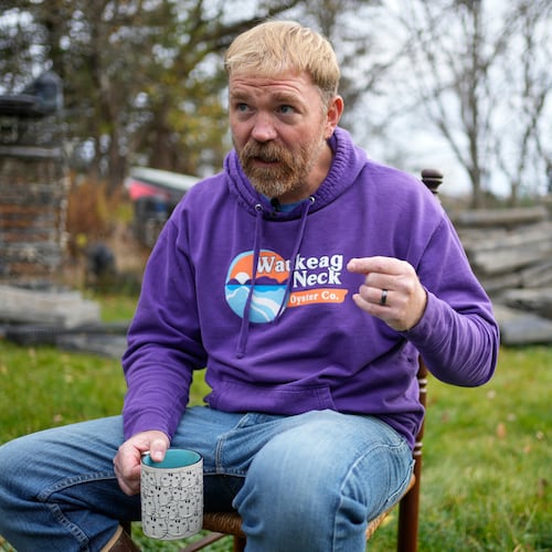 Graham Platner, Democratic candidate for U.S. Senate, speaks to a reporter at his home, Monday, Nov. 3, 2025, in Sullivan, Maine. (AP Photo/Robert F. Bukaty)