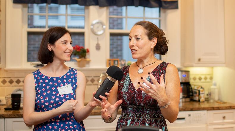 Julia Levy (left) spent part of the evening interviewing the evening’s hostess, Leslie Kalick Wolfe. Tradition Kitchens plans a future podcast series featuring an episode on each pop-up class. CONTRIBUTED BY EUGENE BUCHKO