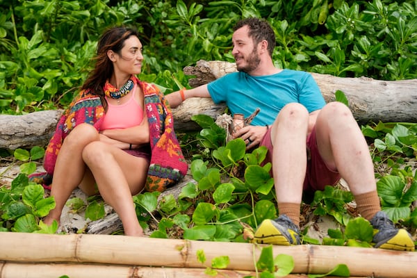 Savannah Louie talks to Rick Devens, a former Macon TV reporter, during "Survivor 50." (Robert Voets/CBS ©2025 CBS Broadcasting Inc.)