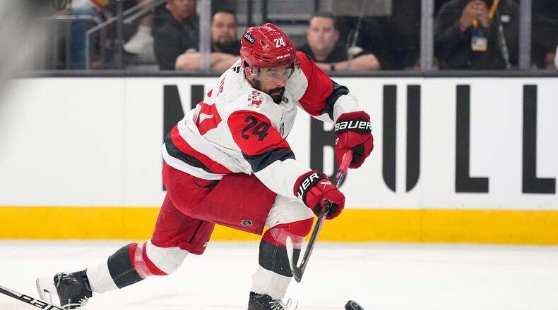 Carolina Hurricanes right wing Seth Jarvis shoots the puck during the first period in Game 3 of the NHL hockey Stanley Cup Final series against the Vegas Golden Knights, Saturday, June 6, 2026, in Las Vegas. (AP Photo/John Locher)