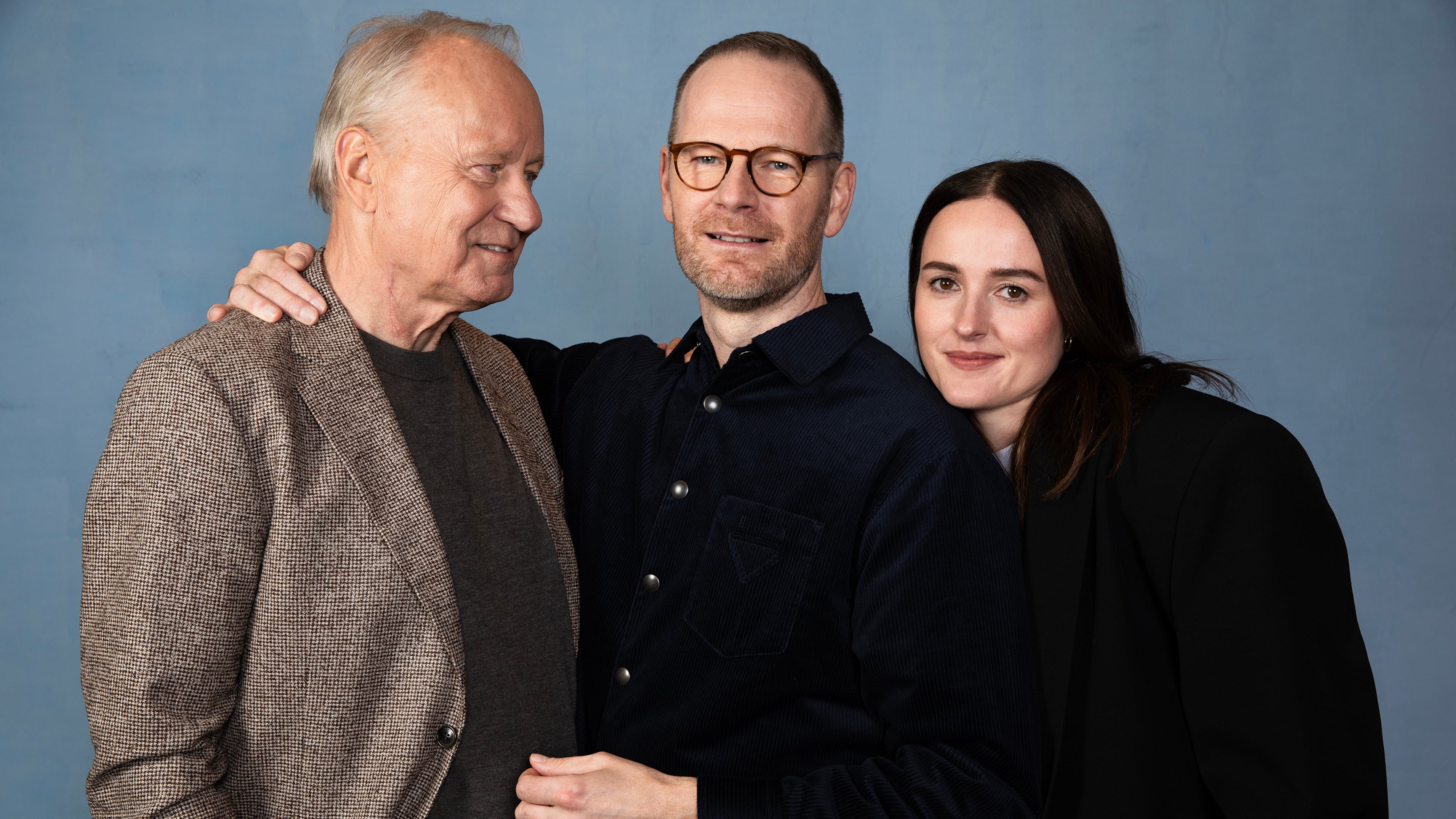 Stellan Skarsgard, from left, Joachim Trier and Renate Reinsve pose for a portrait to promote "Sentimental Value" on Tuesday, Nov. 4, 2025, in Los Angeles. (Photo by Rebecca Cabage/Invision/AP)
