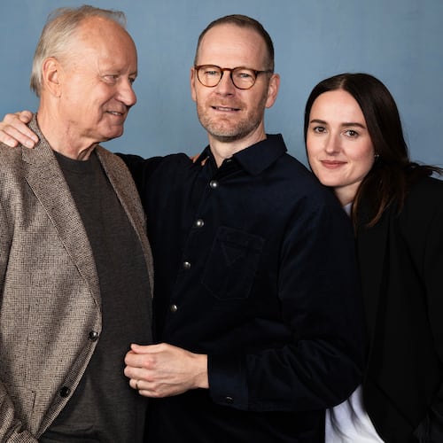 Stellan Skarsgard, from left, Joachim Trier and Renate Reinsve pose for a portrait to promote "Sentimental Value" on Tuesday, Nov. 4, 2025, in Los Angeles. (Photo by Rebecca Cabage/Invision/AP)