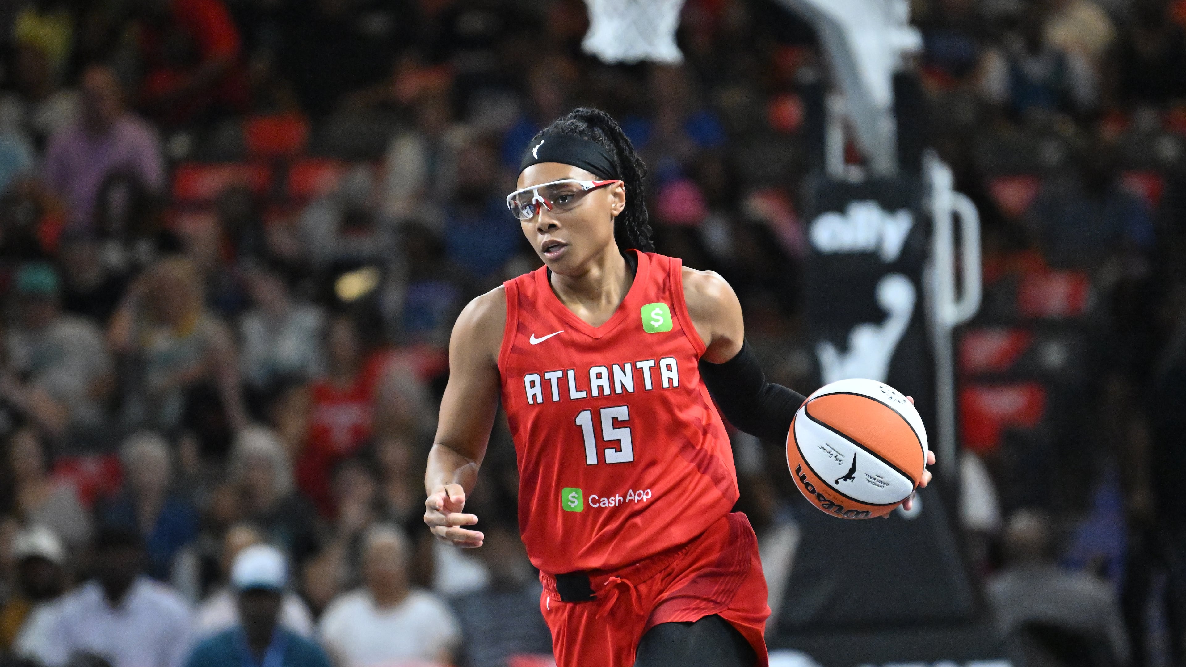 Atlanta Dream guard Allisha Gray brings the ball upcourt during the first half in a WNBA basketball game at Gateway Center Arena, Saturday, Aug. 23, 2025, in Atlanta. (Hyosub Shin/AJC)