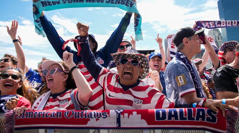 Fans celebrate during the announcement of the United States men's national soccer team roster, Tuesday, May 26, 2026, in New York, ahead of the FIFA World Cup soccer tournament. (AP Photo/Eduardo Munoz Alvarez)