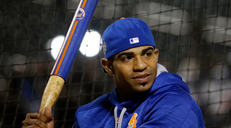 Yoenis Cepedes in BP before Game 5 of the World Series. (AP Photo/David J. Phillip)