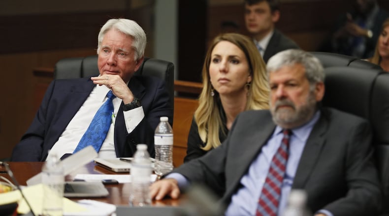 4/17/18 - Atlanta - Tex McIver (left), Defense attorney Amanda Clark Palmer, and Defense co-counsel Don Samuel watch Defense attorney Bruce Harvey make final arguments for the defense today during the Tex McIver murder trial at the Fulton County Courthouse. Bob Andres bandres@ajc.com