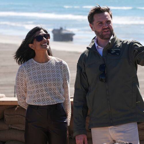 FILE - Vice President JD Vance, right, and second lady Usha Vance watch a demonstration by Marines during activities to mark the upcoming Marine Corps' 250th anniversary Oct 18, 2025, on Marine Corps Base Camp Pendleton in Camp Pendleton, Calif. (AP Photo/Gregory Bull, file)
