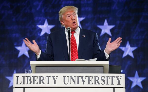 In this Jan. 18, 2016, file photo, Donald Trump speaks at Liberty University in Lynchburg, Va.