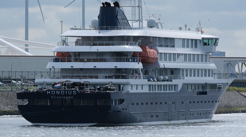The MV Hondius cruise ship arrives at the Port of Rotterdam, Netherlands, Monday, May 18, 2026. (AP Photo/Patrick Post)