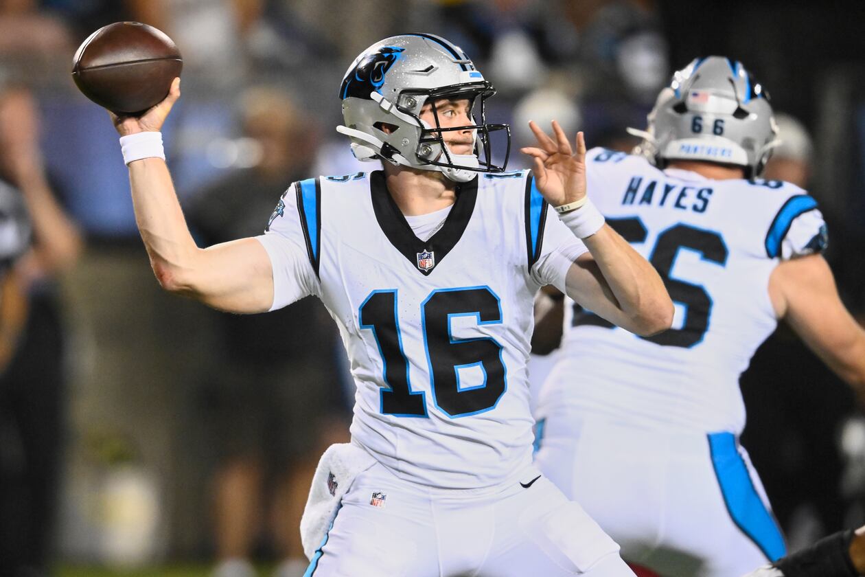 Panthers quarterback Haynes King rallies his team to a 33-30 win over Arizona during the the Pro Football Hall of Fame game on Thursday, Aug. 6, 2026, in Canton, Ohio. (David Richard/AP)