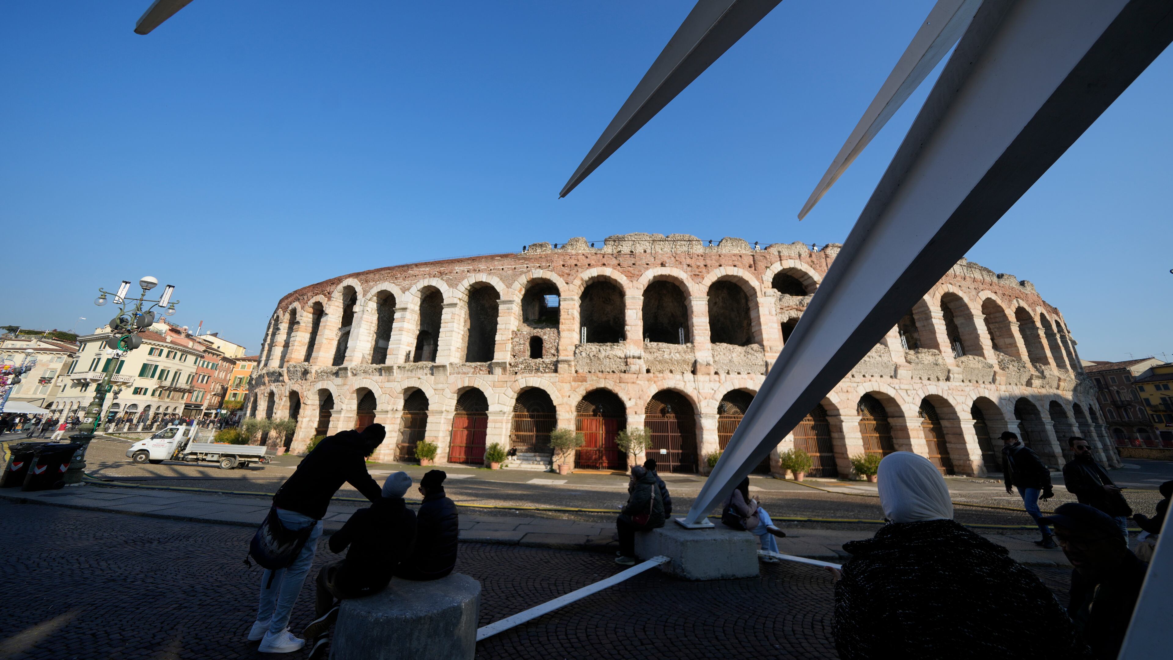 An external view of the Arena of Verona, Italy, Wednesday, Dec. 10, 2025. (AP Photo/Luca Bruno)