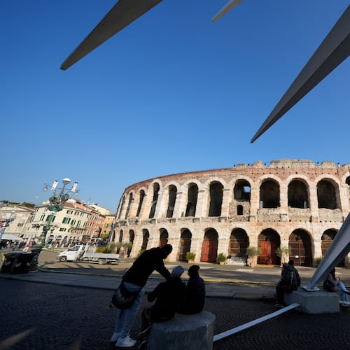 An external view of the Arena of Verona, Italy, Wednesday, Dec. 10, 2025. (AP Photo/Luca Bruno)