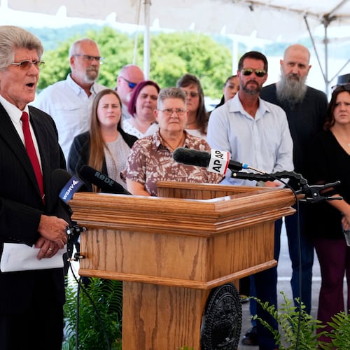 Dennis Jenkins, left, son of murder victim Catherine Jean Jenkins, speaks outside Riverbend Maximum Security Institution following the execution of Anthony Darrell Hines Thursday, Aug. 13, 2026, in Nashville, Tenn. (AP Photo/Mark Humphrey)