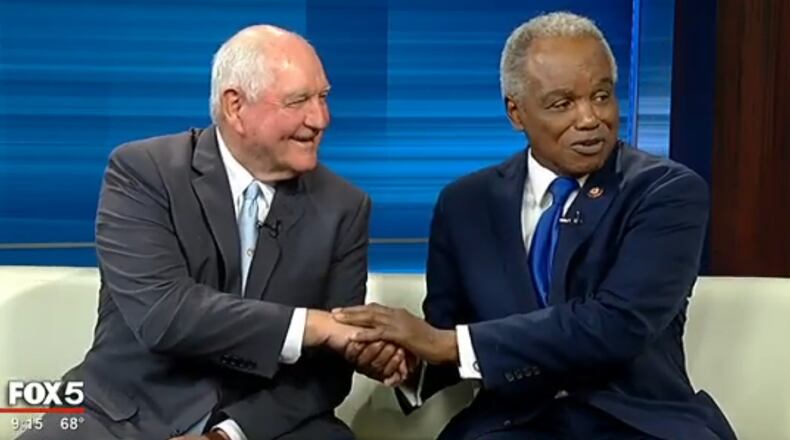 Agriculture Secretary Sonny Perdue and U.S. Rep. David Scott, D-Atlanta, on the set of WAGA-TV's "Good Morning Atlanta."