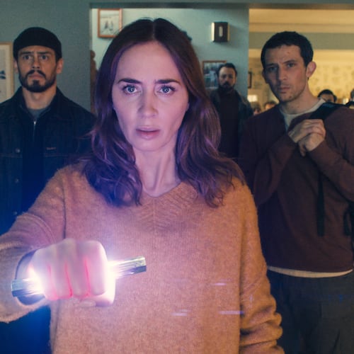 This image released by Universal Pictures shows Colman Domingo, from left, Tommy Martinez, Emily Blunt and Josh O'Connor in a scene from "Disclosure Day." (Universal Pictures and Amblin Entertainment via AP)