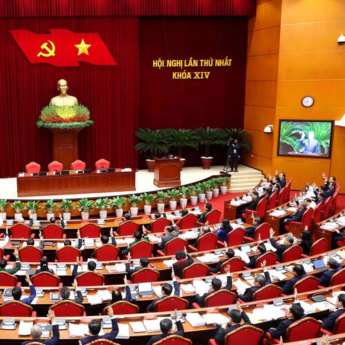 Vietnam's Central Committee of the Communist Party holds a meeting to elect top leaders in Hanoi, Vietnam, Friday, Jan. 23, 2026. (Hoang Thong Nhat/VNA via AP)