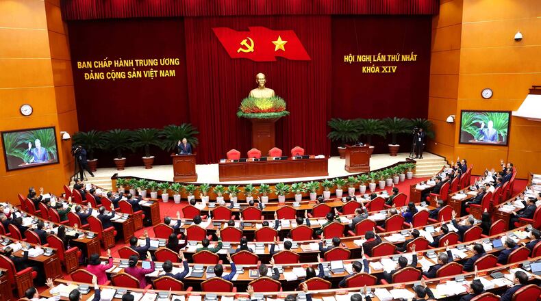 Vietnam's Central Committee of the Communist Party holds a meeting to elect top leaders in Hanoi, Vietnam, Friday, Jan. 23, 2026. (Hoang Thong Nhat/VNA via AP)