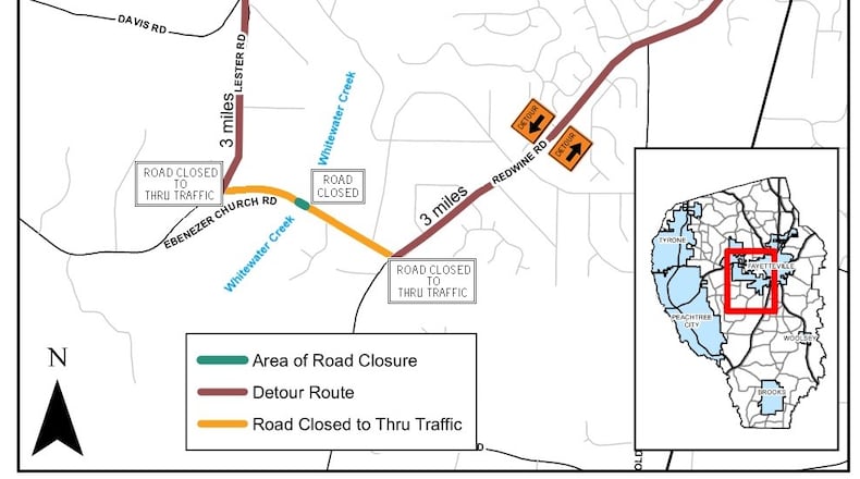 While the nearly 60-year-old bridge over Ebenezer Church Road is replaced, that road will be closed until September between Lester Road and Redwine Road. (Courtesy of Fayette County)