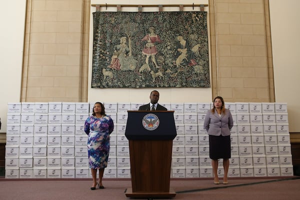 Atlanta Mayor Kasim Reed stands at the podium on Feb. 9, 2017, expressing his concern about the City Hall bribery case before releasing 1.4 million documents pertaining to the scandal. (HENRY TAYLOR / Henry.Taylor@ajc.com)