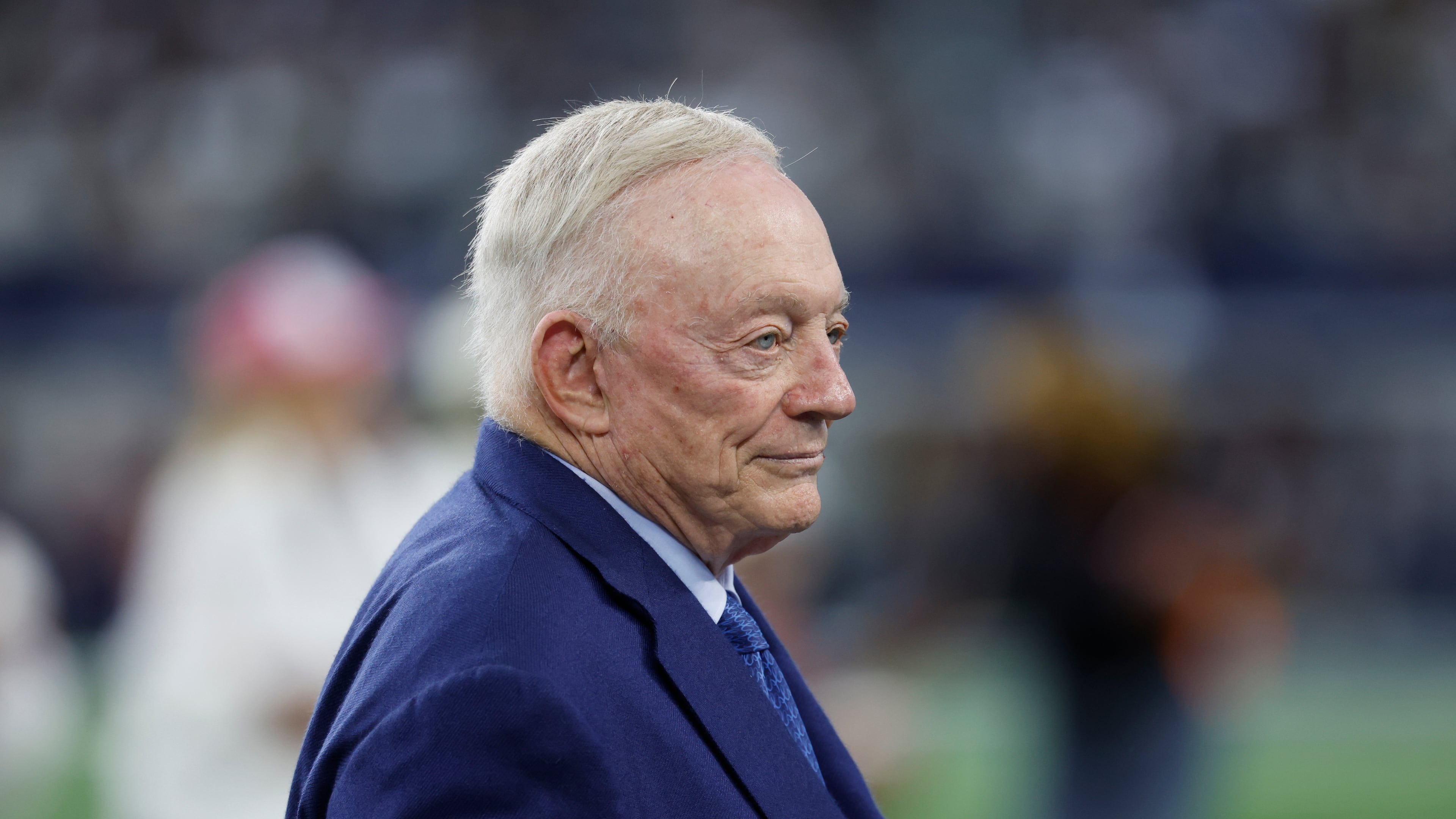 Dallas Cowboys owner and general manager Jerry Jones during pregame warmups before a NFL football game against the Green Bay Packers on Sunday, Sept. 28, 2025, in Arlington, Texas. (AP Photo/Matt Patterson)