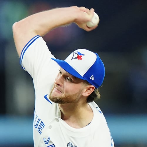 Toronto Blue Jays pitcher Trey Yesavage delivers against the Los Angeles Dodgers during first inning of Game 1 of baseball's World Series in Toronto, Friday, Oct. 24, 2025. (Frank Gunn/The Canadian Press via AP)