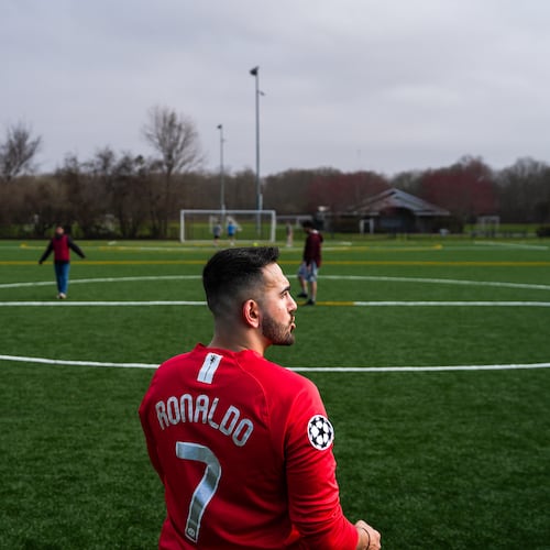 Tehran native and Stony Brook University graduate student Arad Ershad plays soccer with friends at Stony Brook University in Stony Brook, N.Y., Friday, April 3, 2026. (AP Photo/Ryan Murphy)