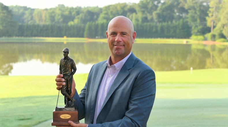 Stewart Cink displays his Stewart Cink Award at his home course, East Lake Golf Club. (PGA Tour photo)