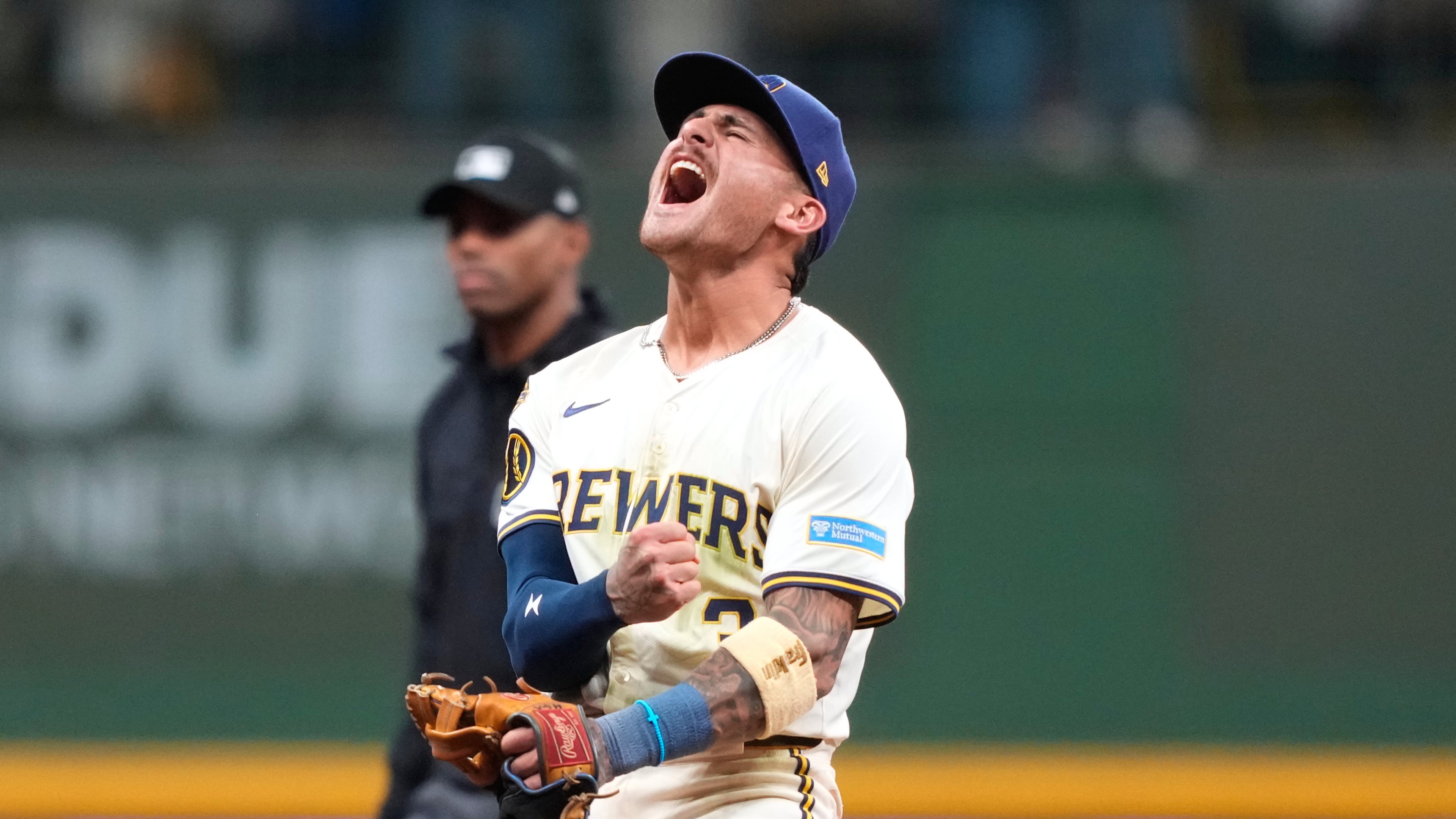 Milwaukee Brewers shortstop Joey Ortiz (3) reacts to the team's win over the Chicago Cubs in Game 5 of baseball's National League Division Series, Saturday, Oct. 11, 2025, in Milwaukee. (AP Photo/Kayla Wolf)