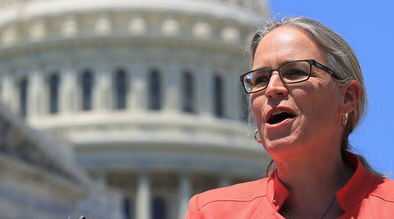 Rep. Carolyn Bourdeaux (D-GA) speaks during a news conference with fellow New Democrat Coalition members outside the U.S. Capitol on May 19, 2021 in Washington, DC. Coalition members highlighted their policy and legislation priorities around infrastructure. (Chip Somodevilla/Getty Images/TNS)