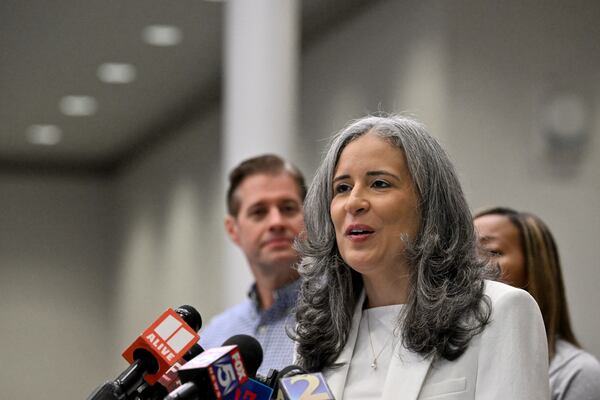 Alexandra Estrella speaks during a news conference Saturday, April 4, 2026, in Suwanee. (Hyosub Shin/AJC)
