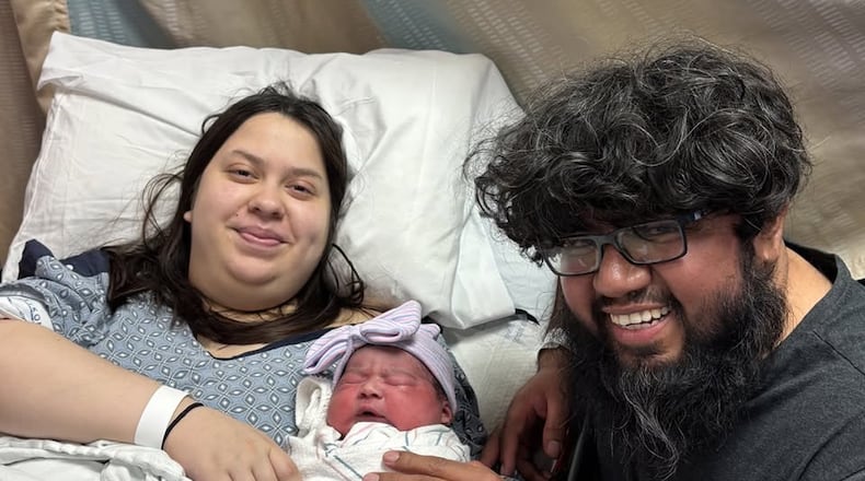 Mara Farias was the first baby born in 2025 at Northside Hospital Gwinnett to mom Trinity Salas (left) and dad Luis Farias. (Courtesy of Northside Hospital Gwinnett)
