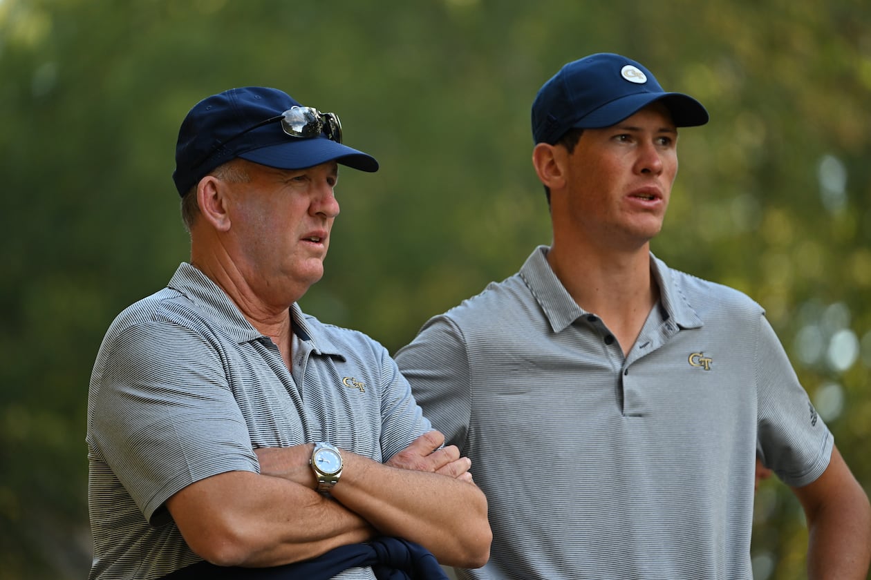 Georgia Tech golf coach Bruce Heppler (left) confers with Christo Lamprecht at the Golf Club of Georgia Collegiate tournament at Golf Club of Georgia in Alpharetta Oct. 22, 2022. The 2023 British Amateur champion is among a number of top players Heppler has coached. (Courtesy of Danny Karnik/Georgia Tech Athletics)