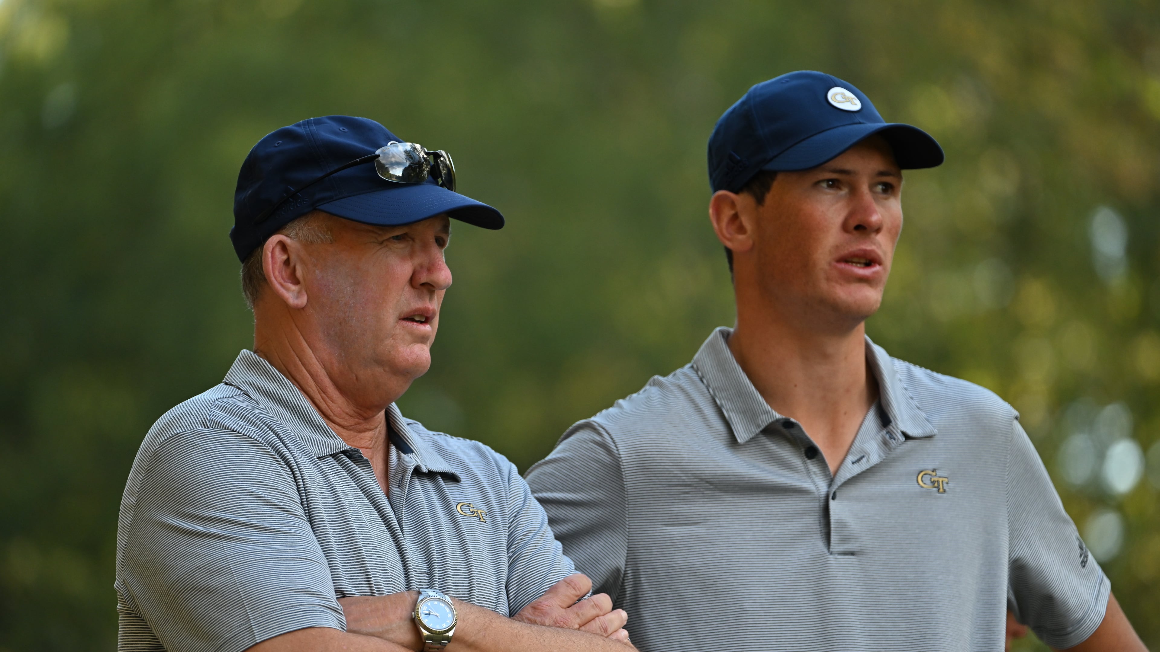 Georgia Tech golf coach Bruce Heppler (left) confers with Christo Lamprecht at the Golf Club of Georgia Collegiate tournament at Golf Club of Georgia in Alpharetta Oct. 22, 2022. The 2023 British Amateur champion is among a number of top players Heppler has coached. (Courtesy of Danny Karnik/Georgia Tech Athletics)