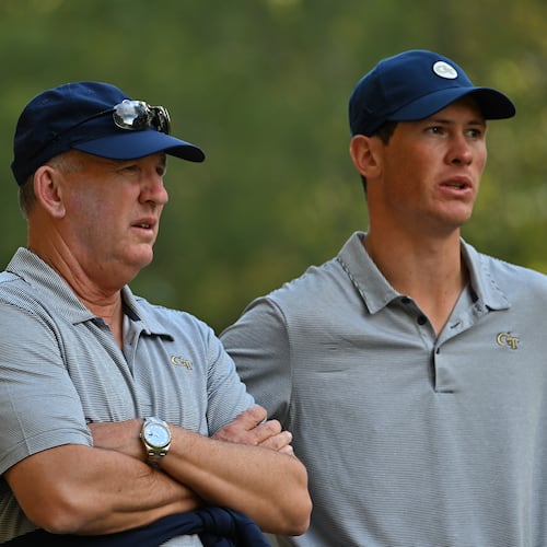 Georgia Tech golf coach Bruce Heppler (left) confers with Christo Lamprecht at the Golf Club of Georgia Collegiate tournament at Golf Club of Georgia in Alpharetta Oct. 22, 2022. The 2023 British Amateur champion is among a number of top players Heppler has coached. (Courtesy of Danny Karnik/Georgia Tech Athletics)