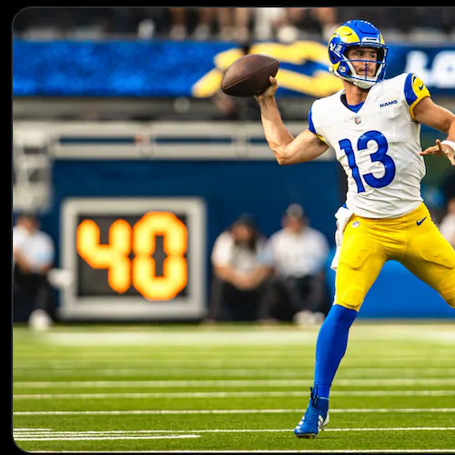 Former Georgia quarterback Stetson Bennett is battling to keep a roster spot in Los Angeles after the Rams selected former Alabama quarterback Ty Simpson in the first round of the 2026 NFL Draft. (LA Rams photo)