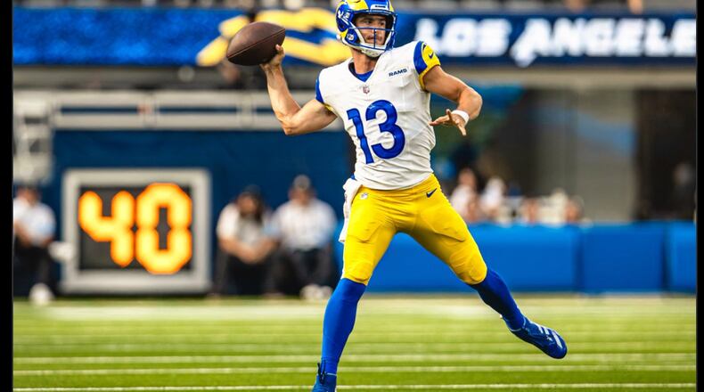 Former Georgia quarterback Stetson Bennett is battling to keep a roster spot in Los Angeles after the Rams selected former Alabama quarterback Ty Simpson in the first round of the 2026 NFL Draft. (LA Rams photo)